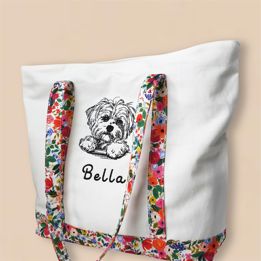 Floral Canvas Tote Bag,Personalized Bachelorette Gift,Beach Bag,Embroidered Picture,Pet Carrier