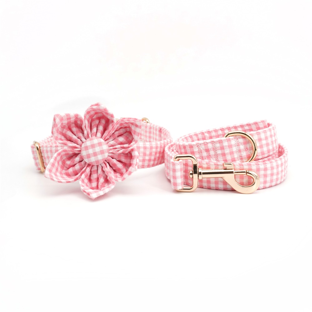 Pink Checked Dog Collar Flower  Leash Set For Pet Lover Gift