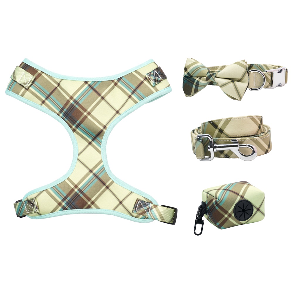 Plaid Personalized Pet Collar Leash & Harness Set – Custom Laser Engraved Metal Buckle