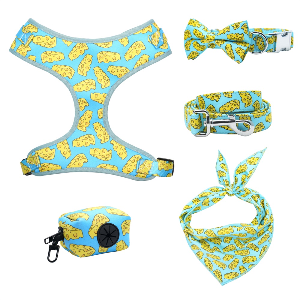 Personalized Engraved Cheese Dog Collar Leash & Harness Set – Custom Laser-Engraved Metal Buckle, Adjustable No-Pull ID 
