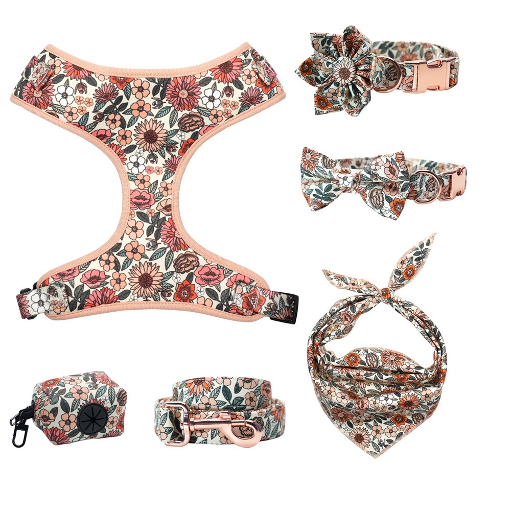 Floral Personalized Pet Collar Leash & Harness Set – Custom Laser Engraved Metal Buckle