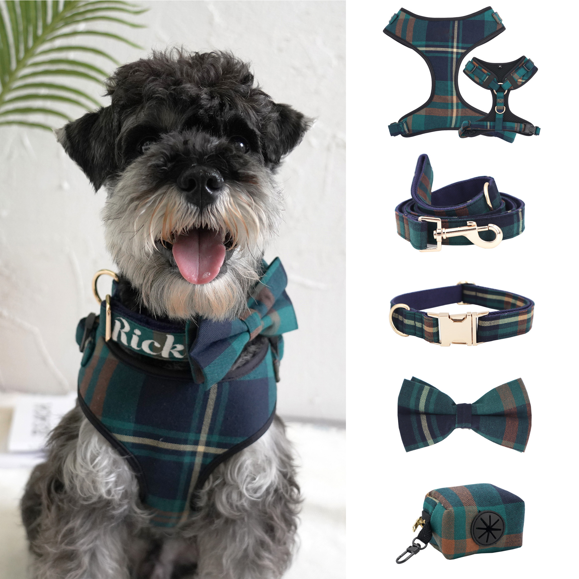Plaid Personalized Pet Dog Harness Collar Bow Leash Set 