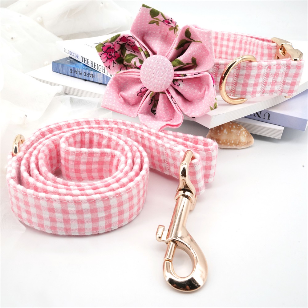 Pink Floral Dog Collar Bowtie with Matching Leash
