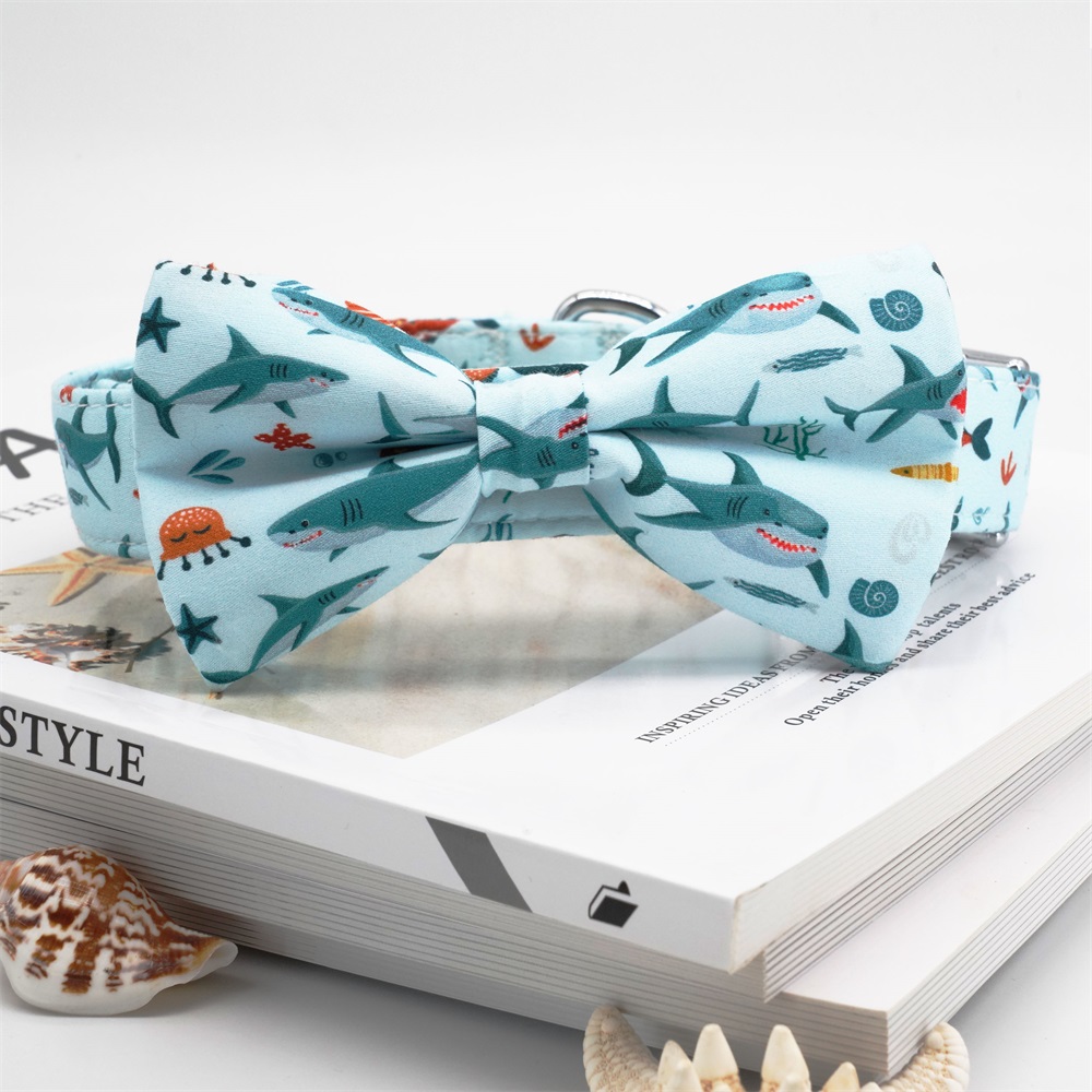 Shark Dog Collar Bowtie with Matching Leash ,Free to Engrave Telphone No with Name