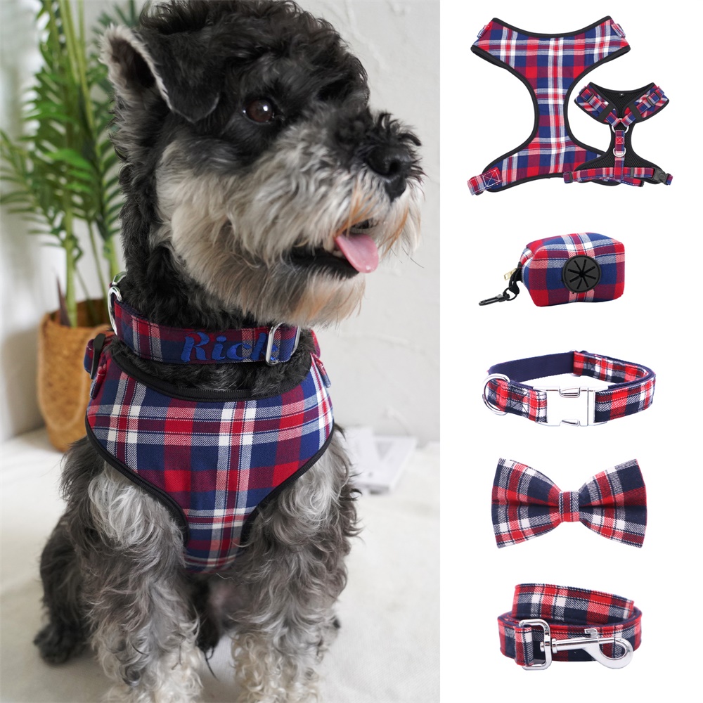 Plaid Personalized Pet Dog Harness Collar Bow Leash Set 
