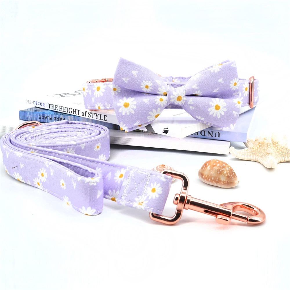 Purple Daisy Dog Collar Bowtie with Matching Leash ,Free to Engrave Telphone No with Name