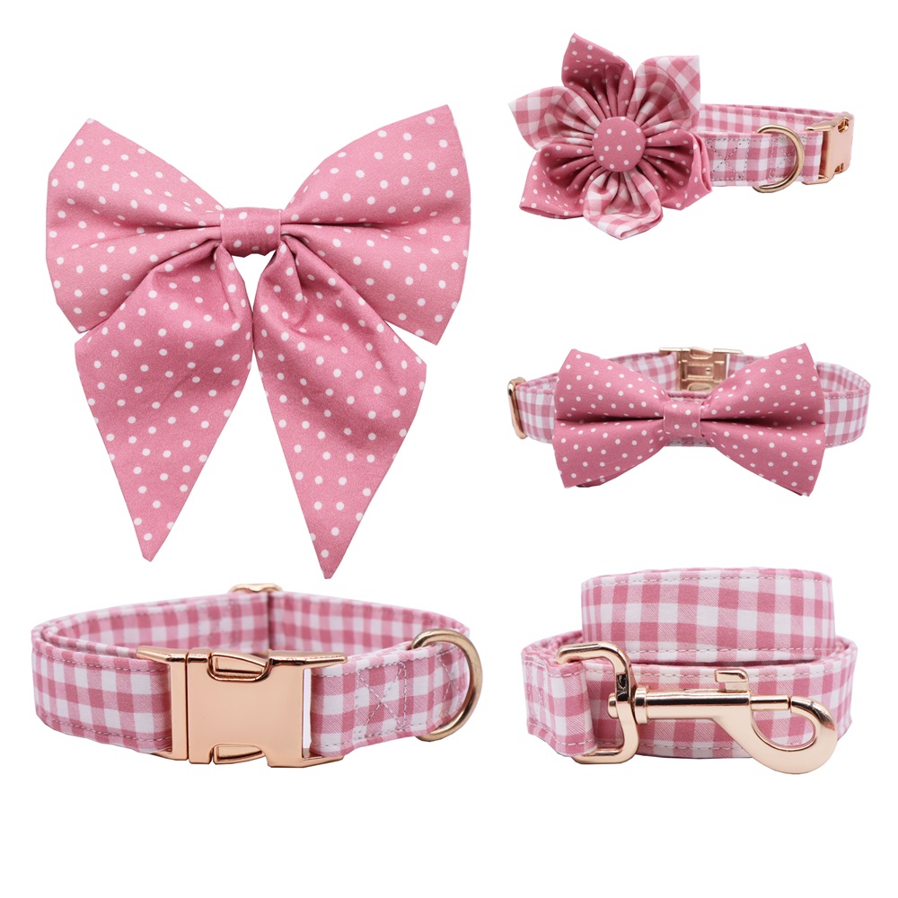 Pink Plaid Dog Collar Bowtie with Matching Leash