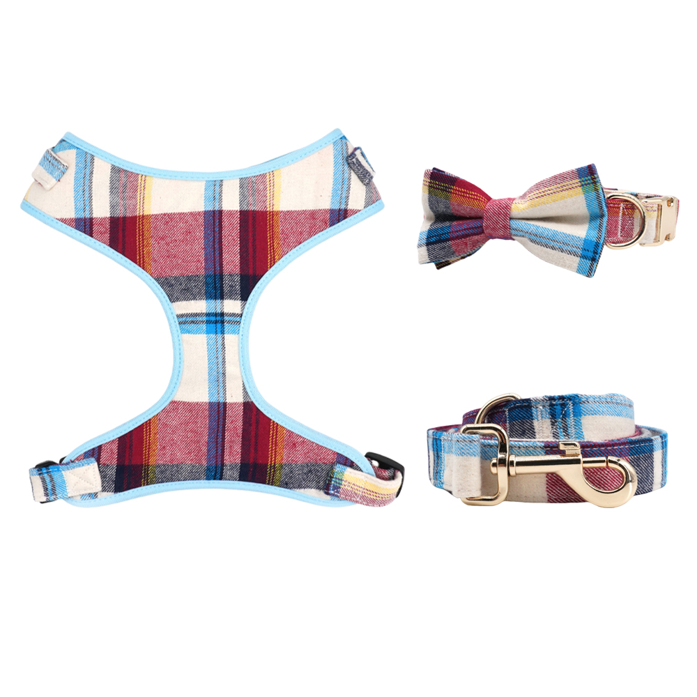 Classical Plaid Dog Harness with Collar and Leash Set 