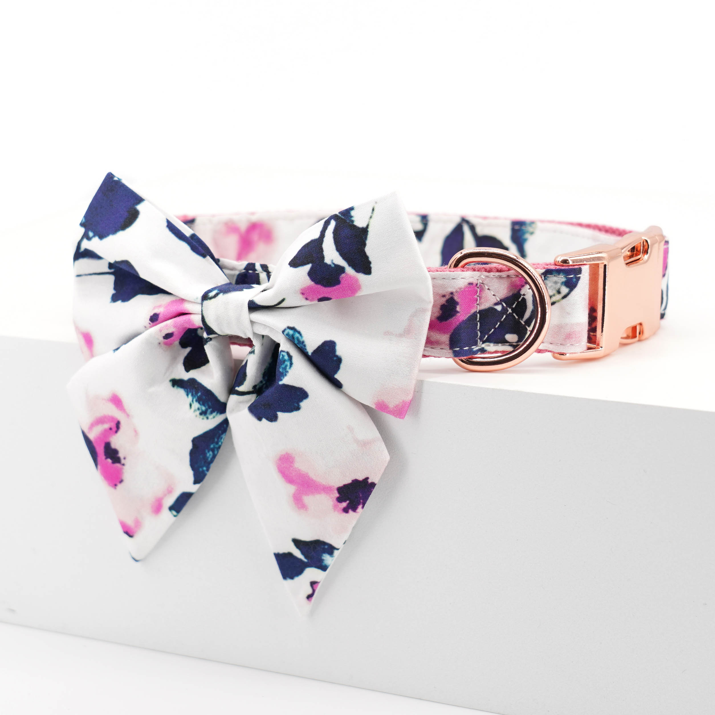 Pink Floral Dog Collar Bowtie with Matching Leash