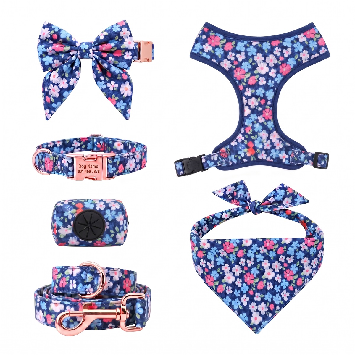  Floral Dog Set &ndash; Harness, Collar, Leash & Accessories Bundle, Adjustable Soft No-Pull for Small Medium Dogs